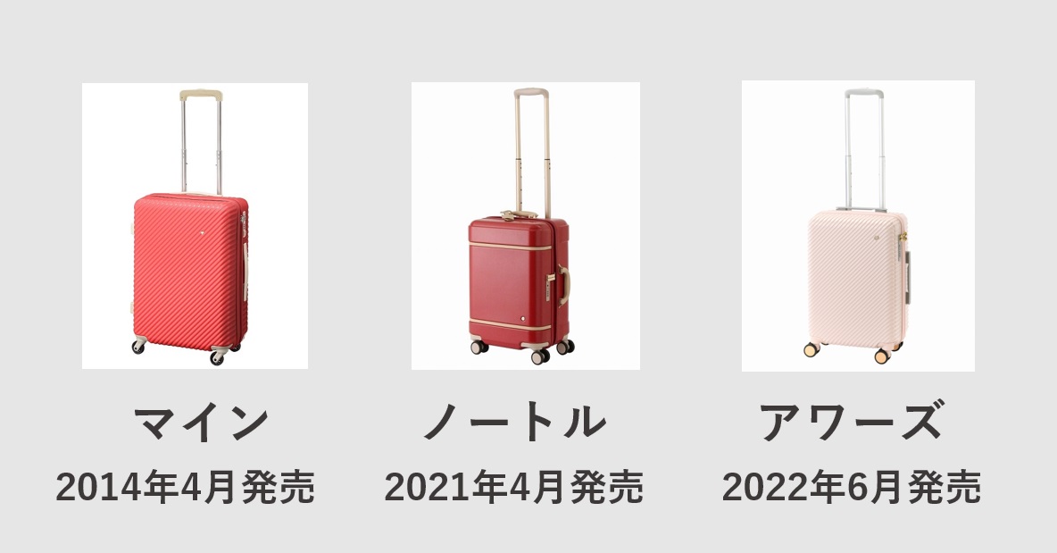 エースのスーツケース HaNTのマイン、ノートル、アワーズの発売日比較