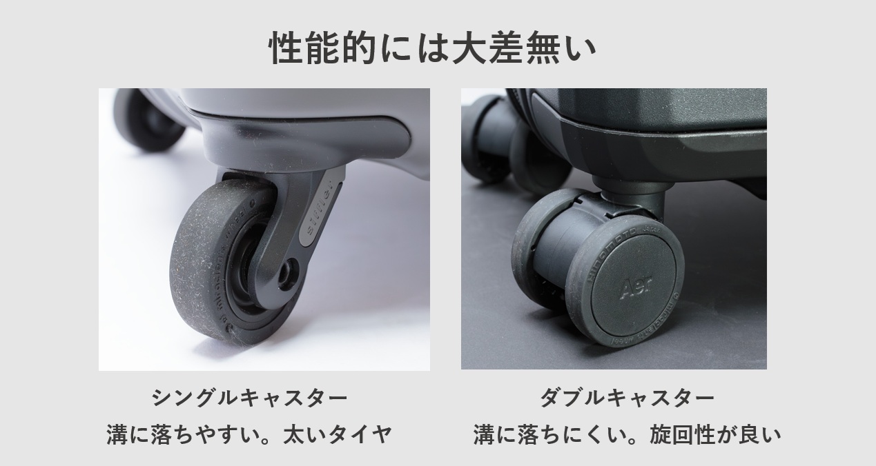 スーツケースのキャスター シングルもダブルも性能的には大差無い