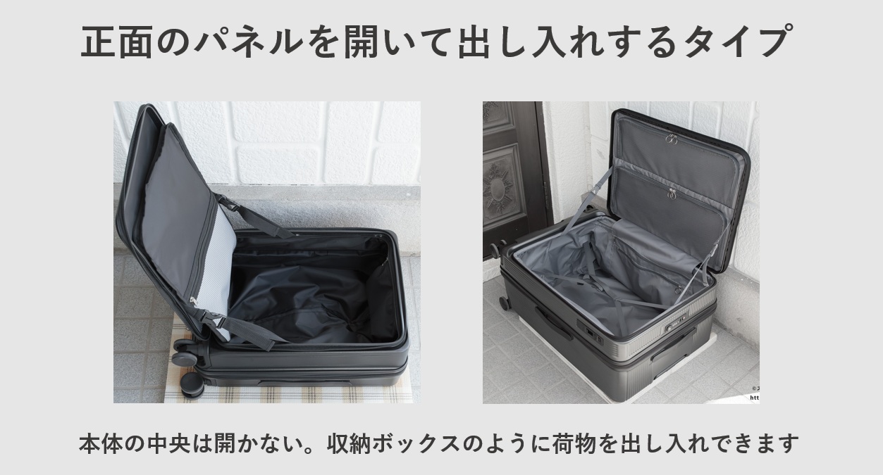 片面開きのスーツケースとは正面のパネルを開いて出し入れするタイプ