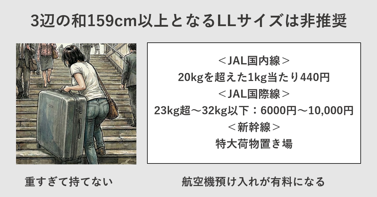 3辺の和159cm以上となるLLサイズは非推奨