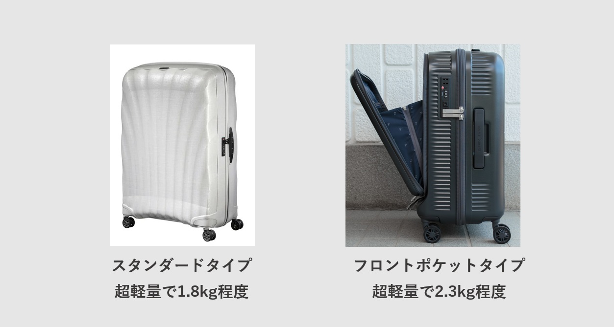スーツケースのスタンダードタイプとフロントポケットタイプの軽量の目安について