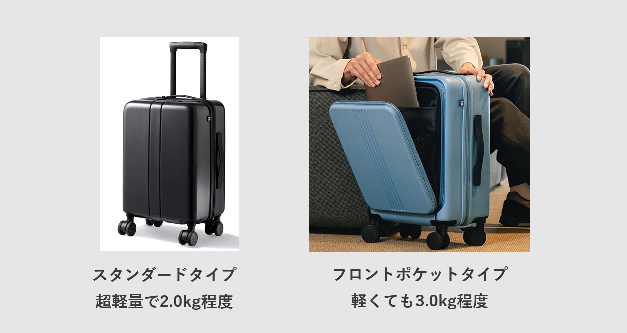スーツケースのスタンダードタイプとフロントポケットタイプの軽量の目安について