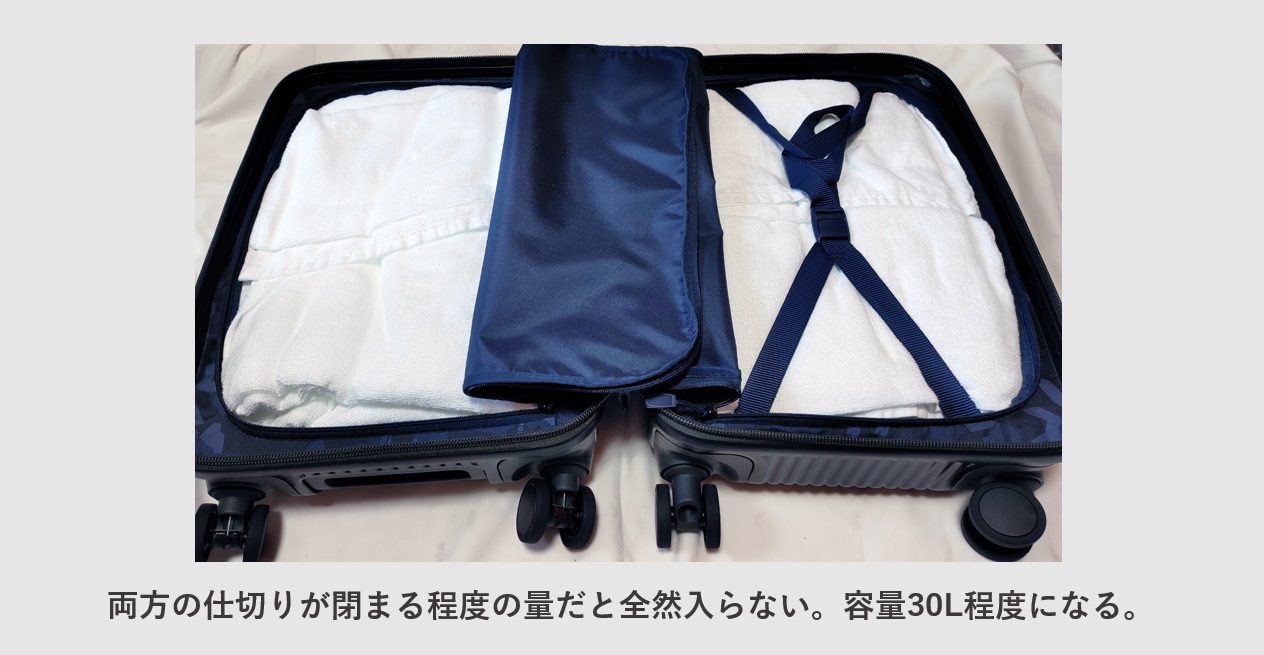 スーツケース イノベーター INV50 内装レビュー 仕切りが閉まる程度に入れると全然入らない