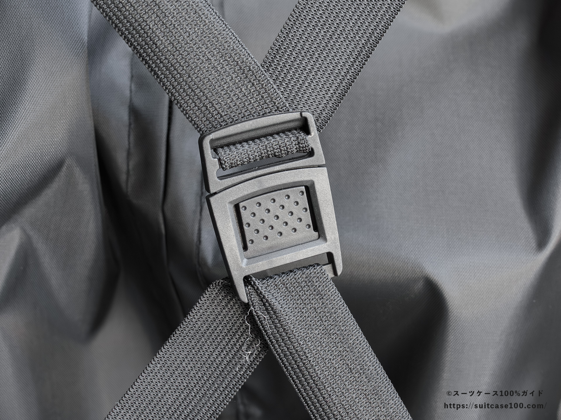 3COINS(スリーコインズ) 機内持ち込みサイズスーツケース 内装レビュー Xバンドのバックル拡大