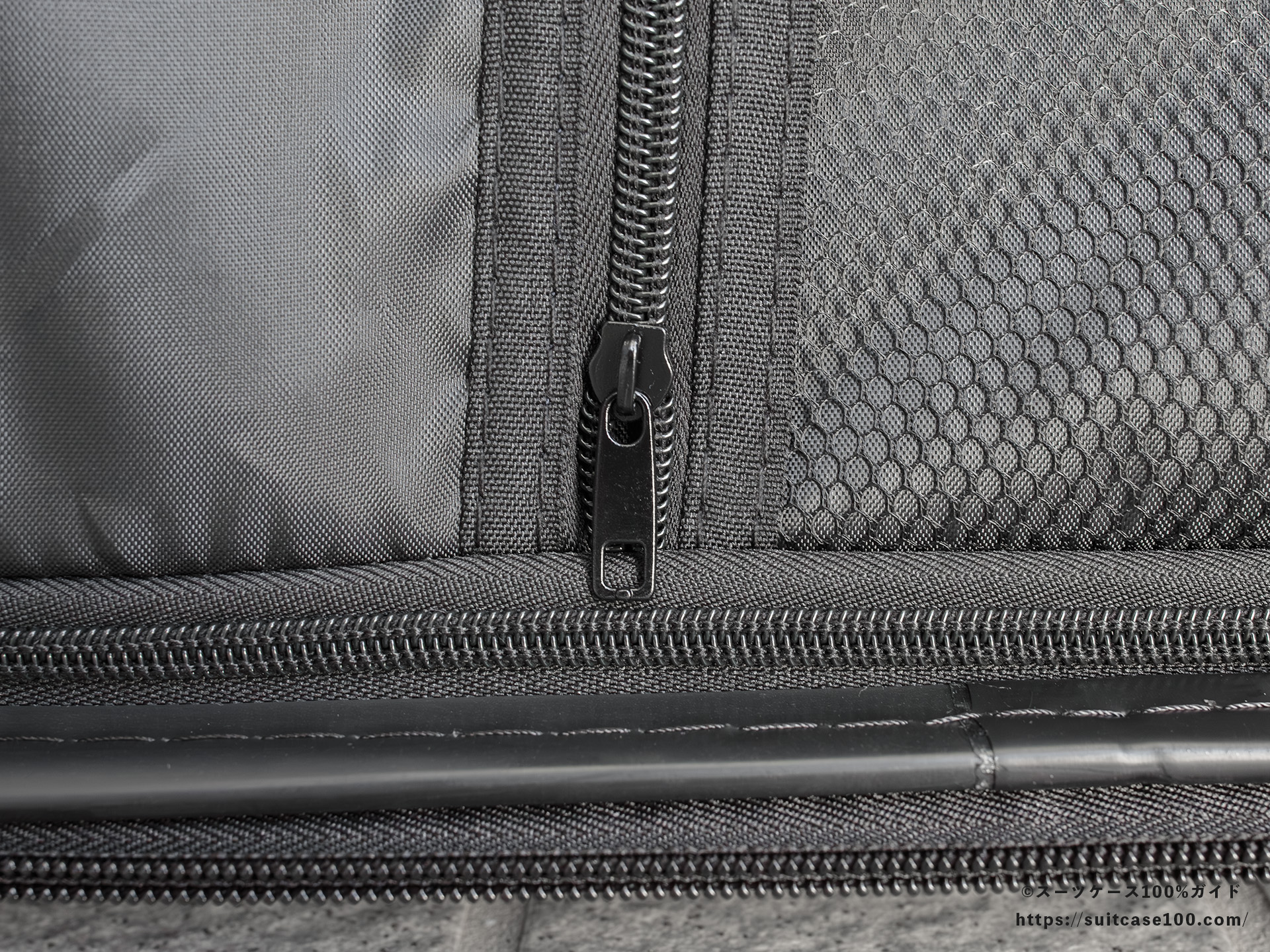 3COINS(スリーコインズ) 機内持ち込みサイズスーツケース 内装レビュー 左側仕切り ファスナー部拡大