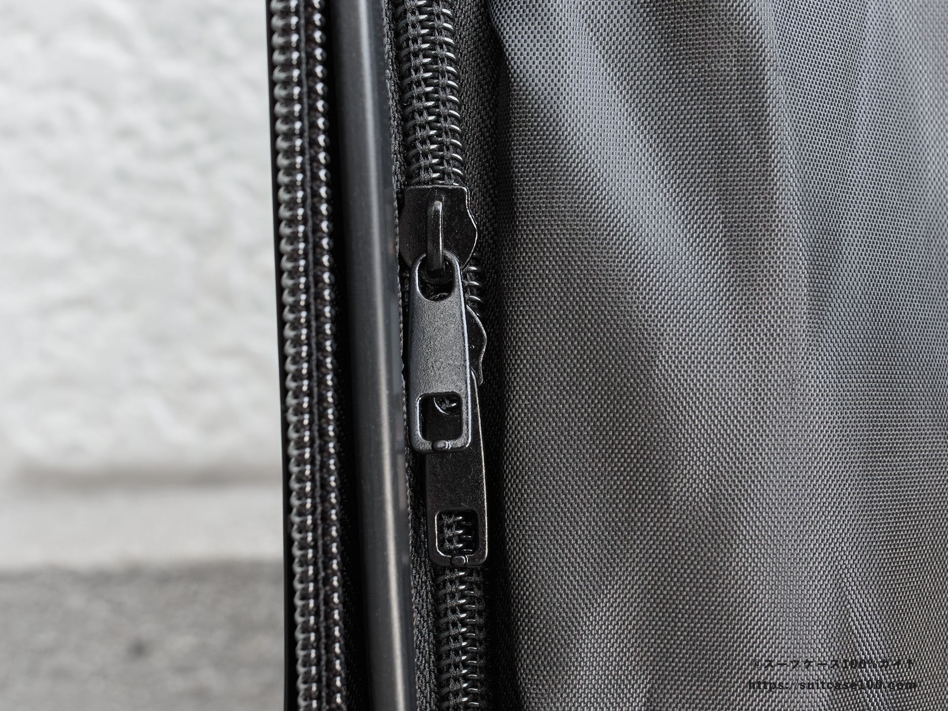 3COINS(スリーコインズ) 機内持ち込みサイズスーツケース 内装レビュー 左側仕切り 仕切りのファスナー部拡大