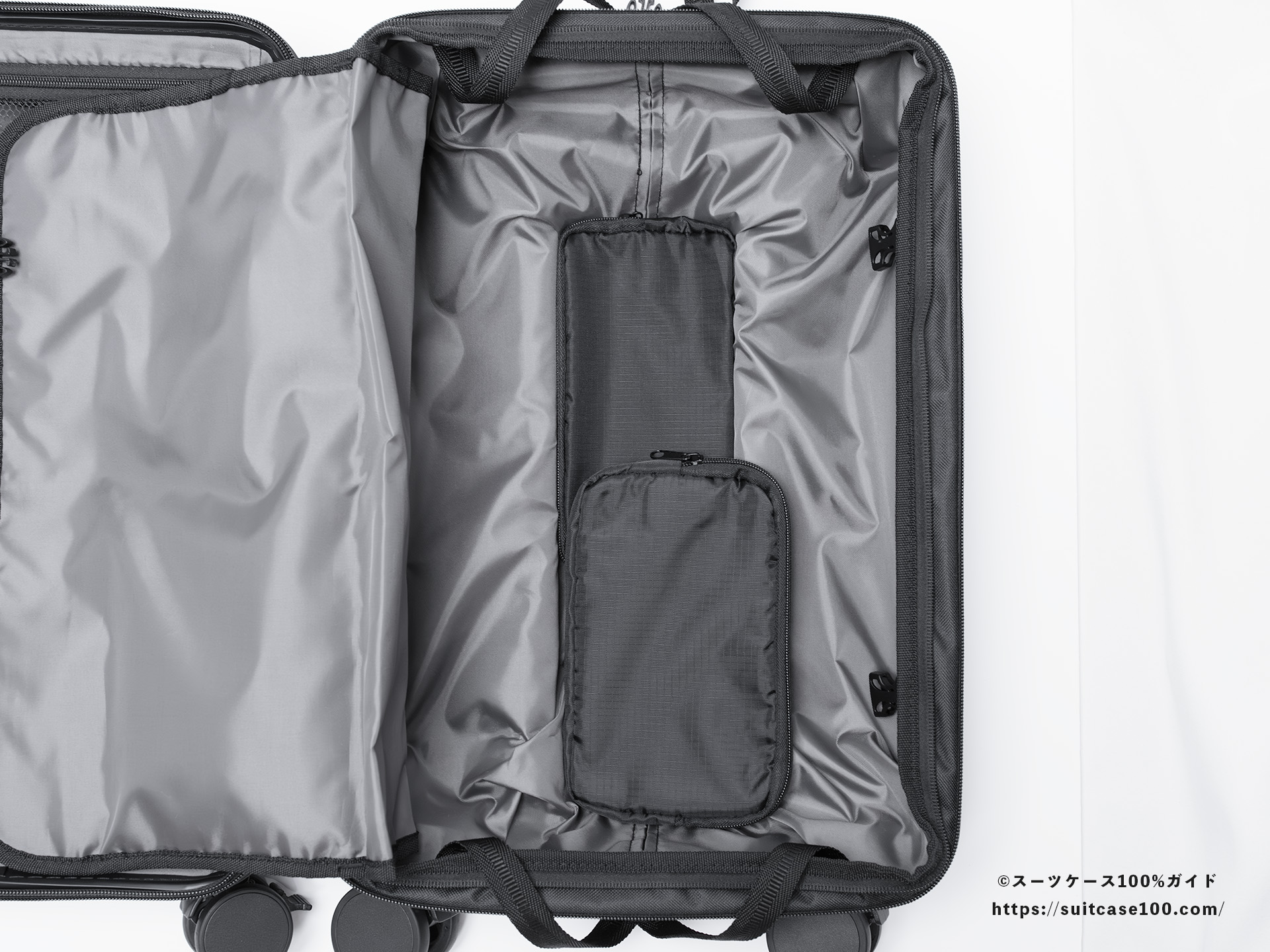 3COINS(スリーコインズ) 溝ポーチ レビュー スーツケースのキャリーバーの溝に2つ入れた図