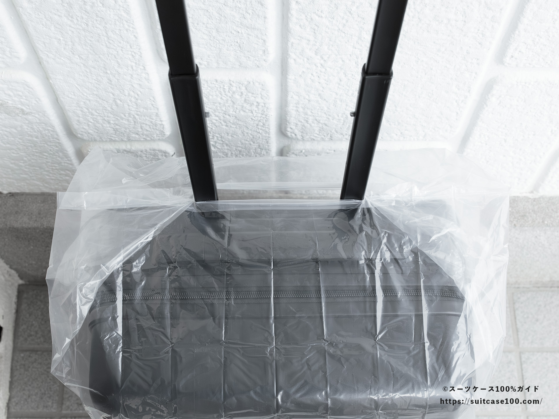 ダイソー レインバッグカバー(キャリーバッグ用) レビュー キャリーハンドルを通した状態での穴