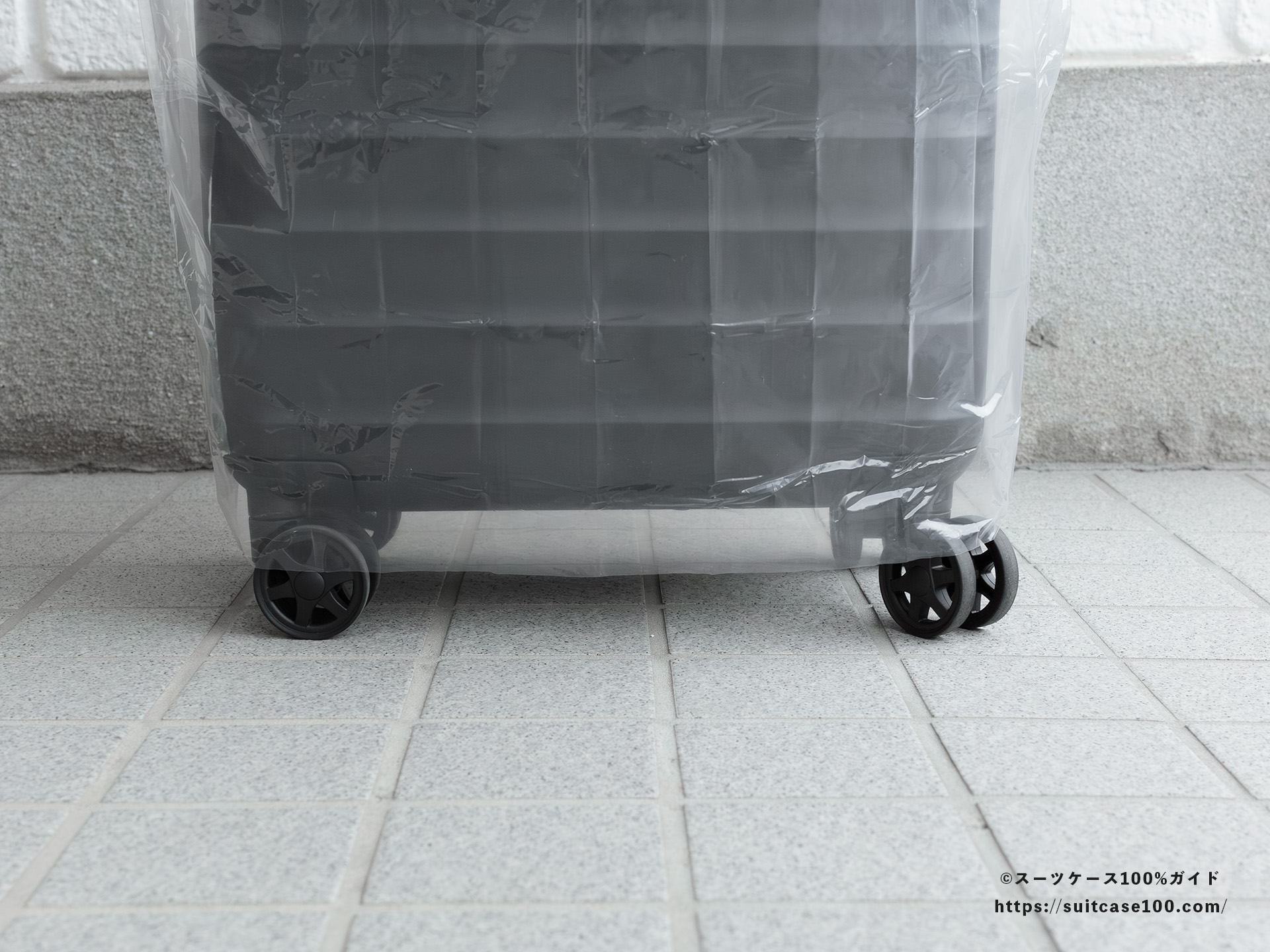 ダイソー レインバッグカバー(キャリーバッグ用) レビュー Sサイズのスーツケースに装着 背面のカバーの高さ