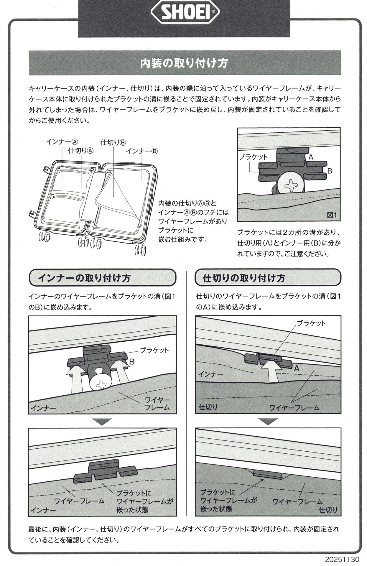SHOEI スーツケース X-CORE レビュー 内装の取り付け方の説明書