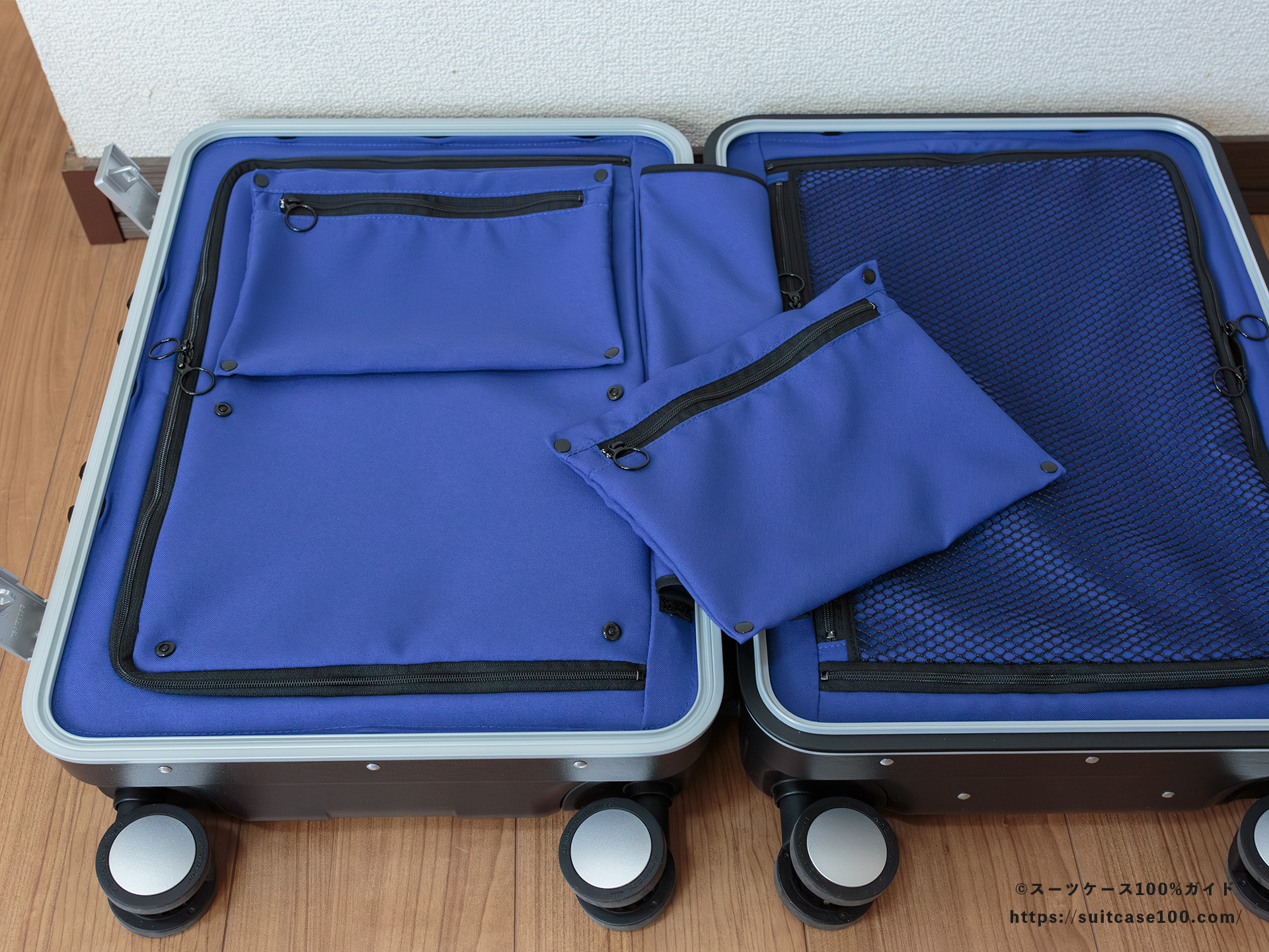 SHOEI スーツケース X-CORE レビュー 実際に荷物を入れて仕切りを閉めてポーチを取り外した図
