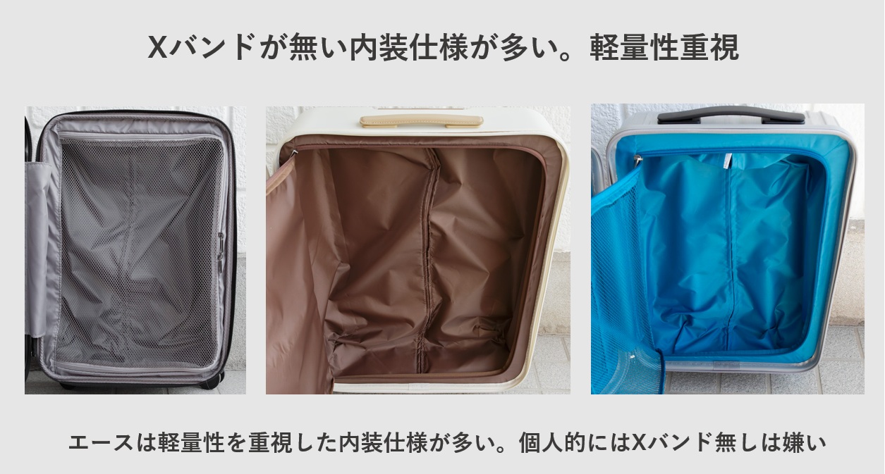 エースのスーツケースはXバンドが無い内装仕様が多い。軽量性重視